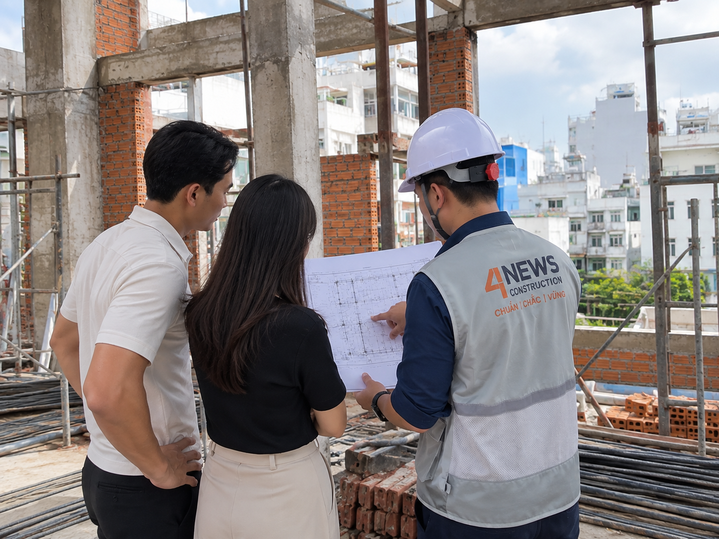 Kỹ sư 4NEWS khảo sát hiện trạng và lập báo giá chi tiết theo hồ sơ thiết kế trước khi thi công.